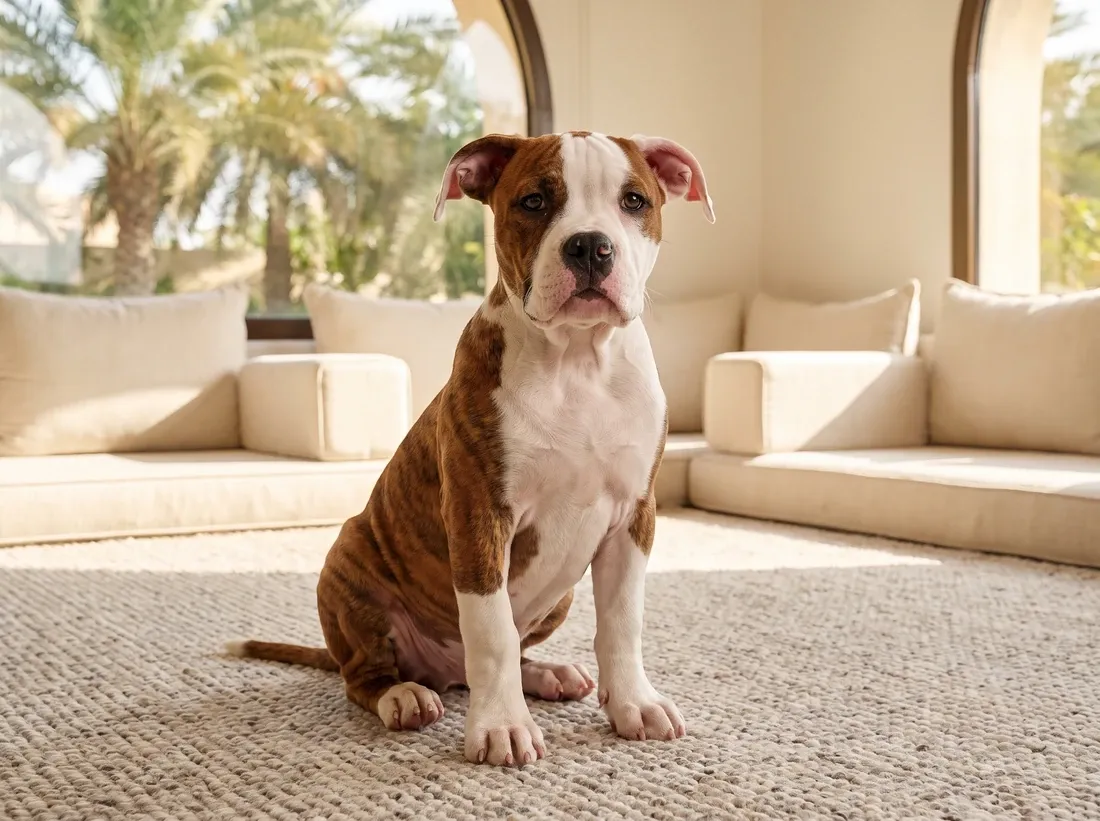 American Bulldog in Dubai, a red brindle and white puppy sitting on a rug in a majlis, palms beyond
