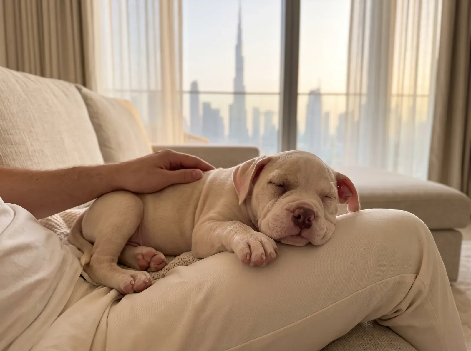 American Bulldog in Dubai, a pale fawn puppy asleep in a lap on a sofa, the skyline behind