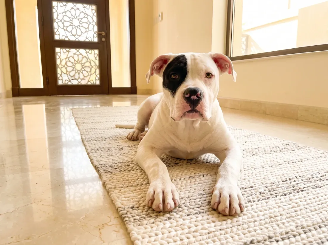 American Bulldog, a white puppy with a black eye patch lying on a runner in a marble hallway