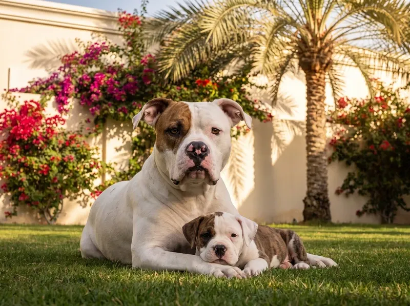 American Bulldog in Dubai, a mother lying with one puppy on a villa lawn with bougainvillea and a palm