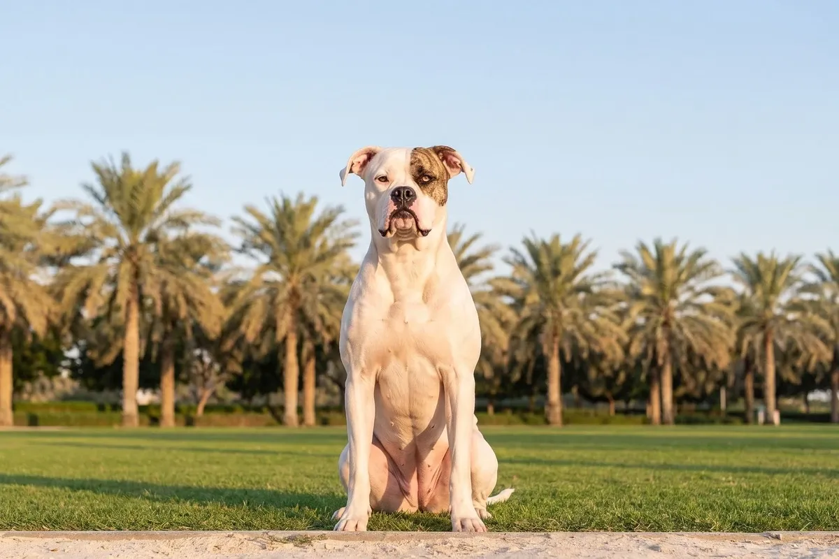 American Bulldog history, the breed today, a white and brindle adult sitting on a park lawn, Dubai, 2026