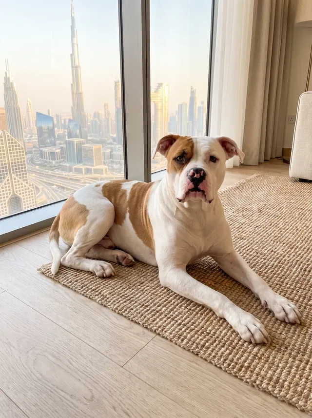 American Bulldog in Dubai, the same white and fawn adult lying on a woven mat with the skyline behind