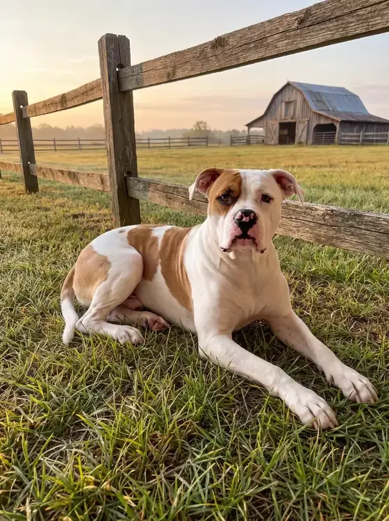 American Bulldog, a white and fawn adult lying in the grass by a wooden fence on an old farm