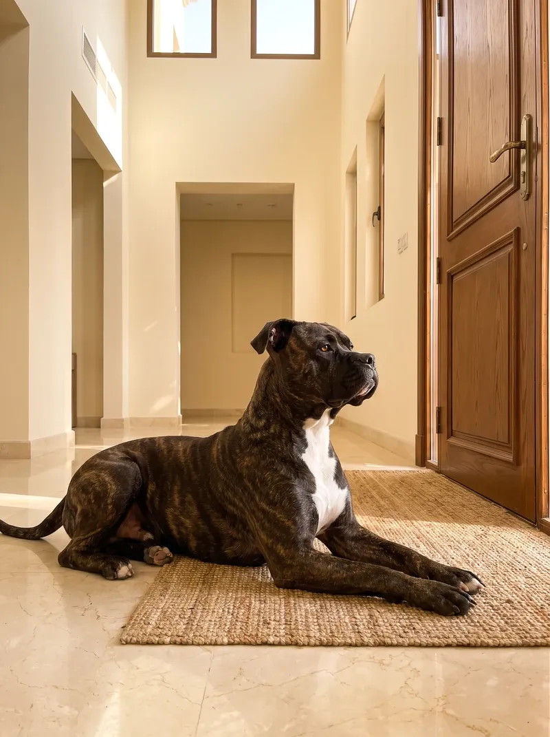 American Bulldog, a dark brindle adult lying on a jute mat in a marble hallway, watching the front door