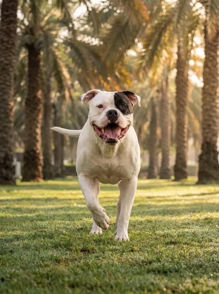 American Bulldog in Dubai, a white adult with a black eye patch bounding across a park lawn under date palms