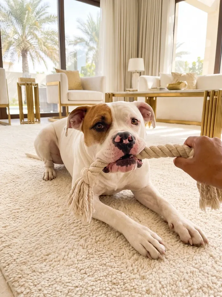American Bulldog in Dubai, a white and red fawn adult tugging a rope toy on a rug, palms through the window