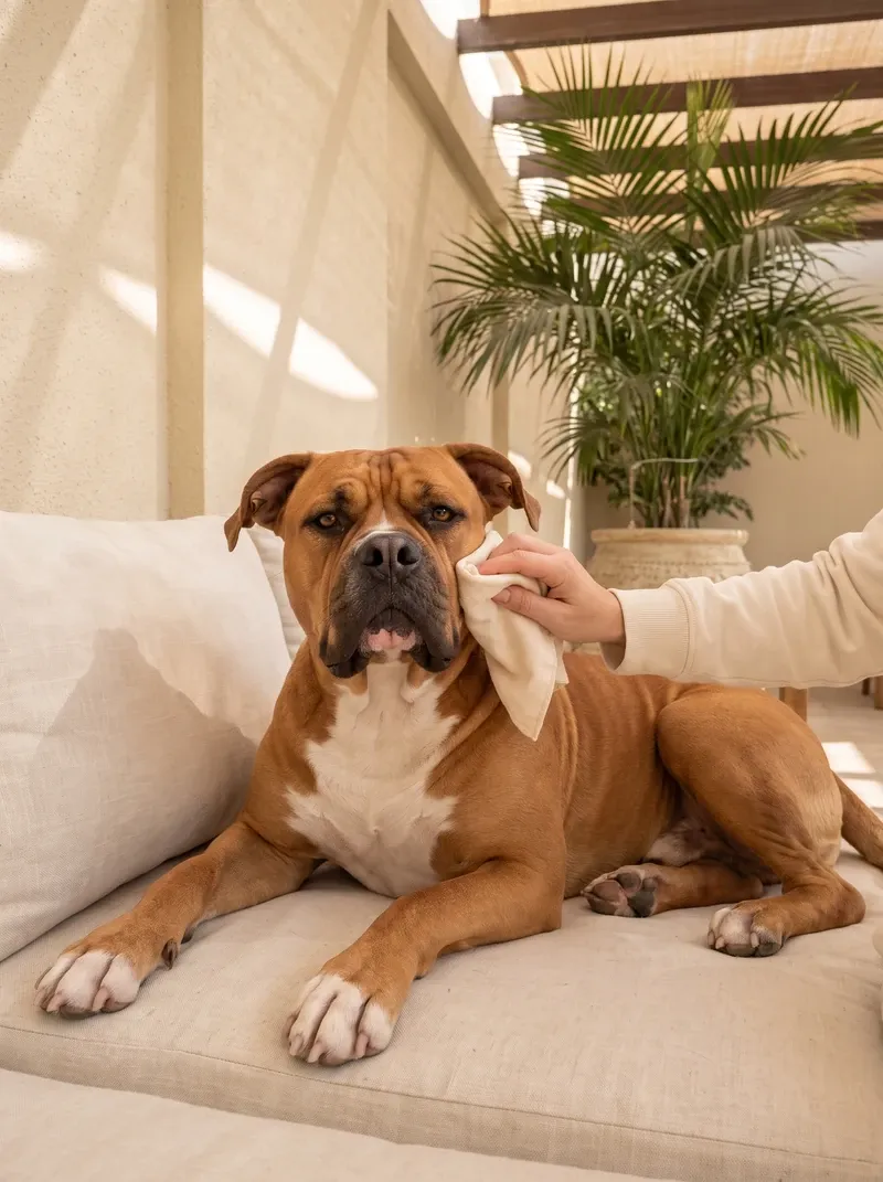 American Bulldog, a red fawn adult lying on a cushion as a hand gently wipes their cheek with a soft cloth