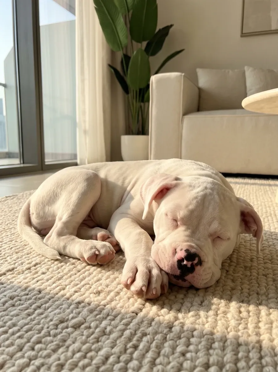 American Bulldog, a white puppy asleep on an oatmeal wool rug in the afternoon sun