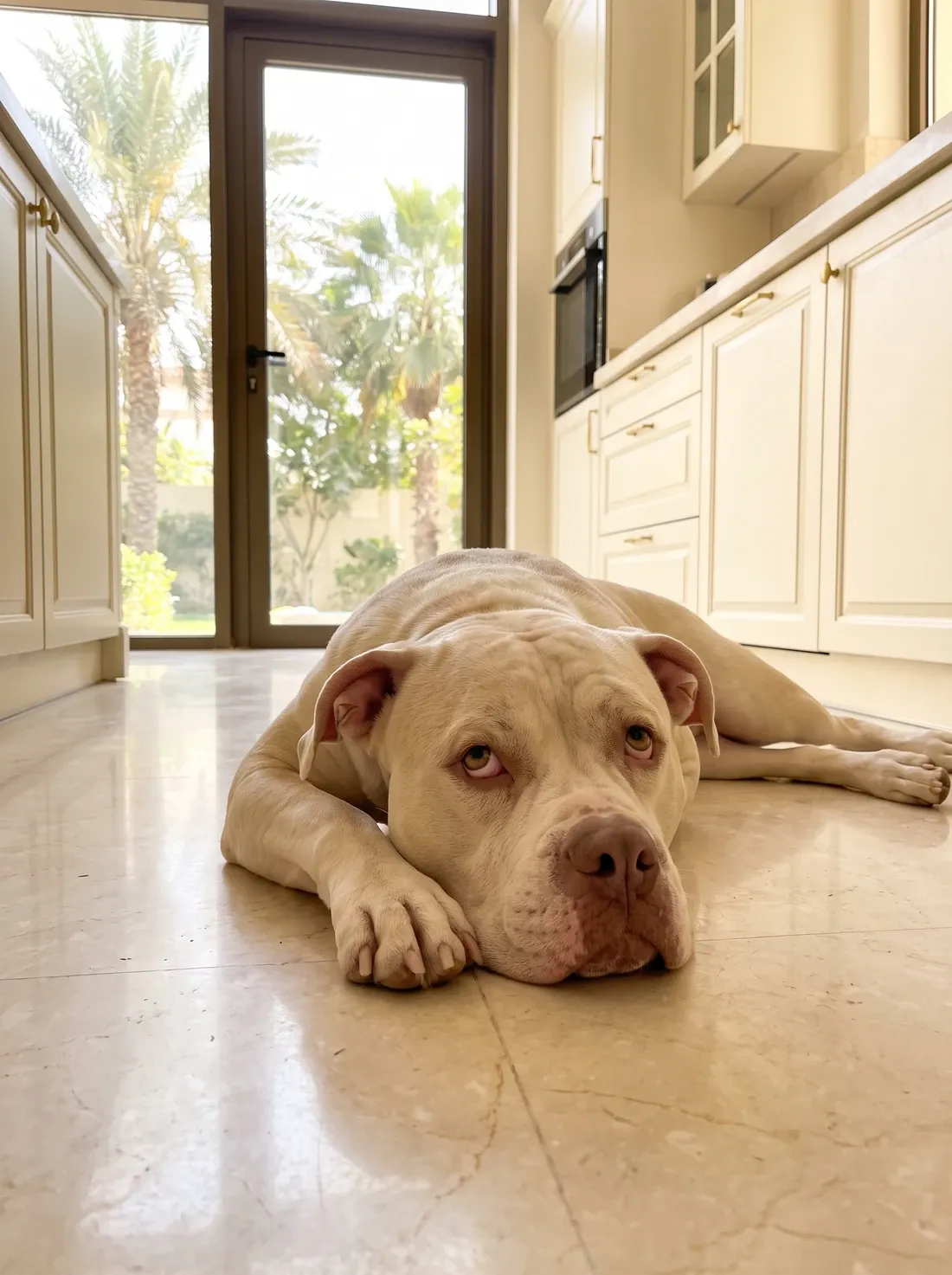 American Bulldog in Dubai, a pale fawn adult lying on cool kitchen marble, one back leg stretched out, palms beyond