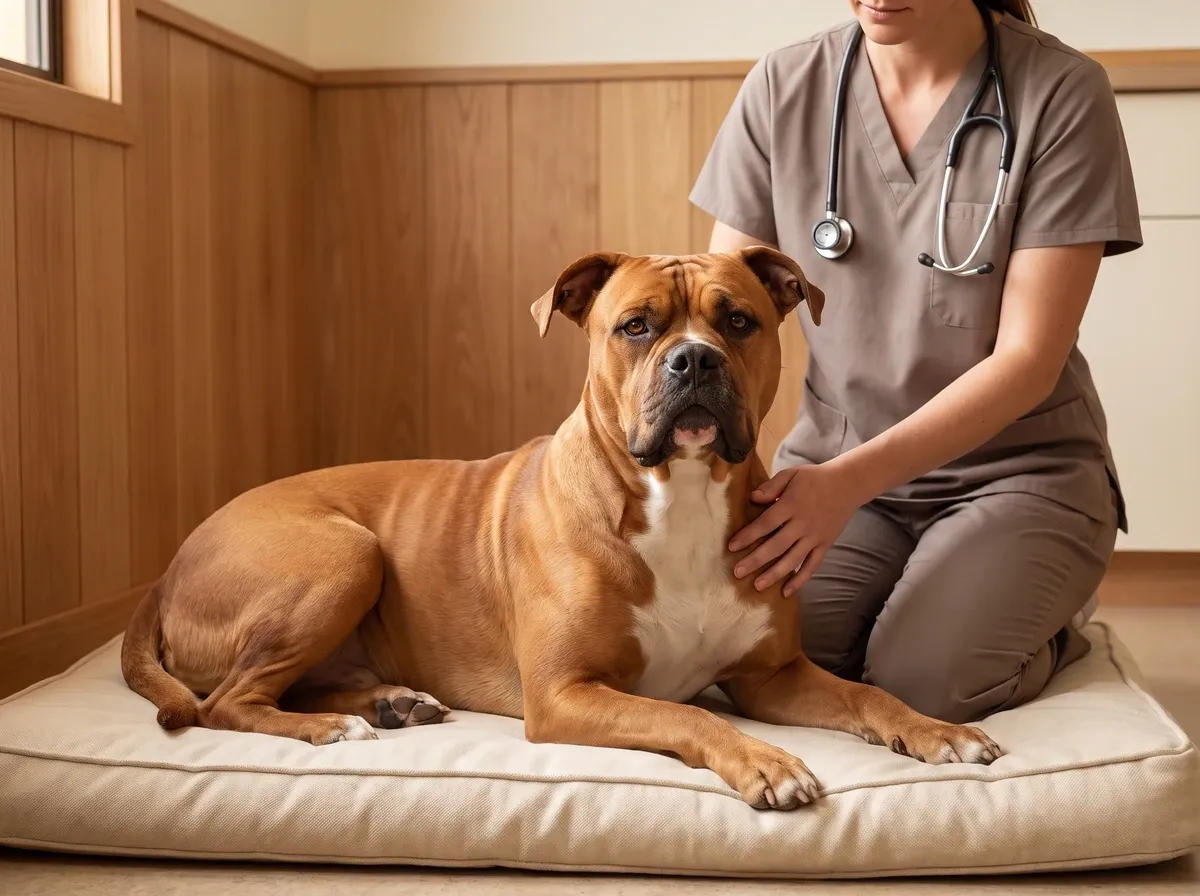 American Bulldog, a red fawn adult lying on a padded mat as a vet in taupe scrubs rests a hand on their chest