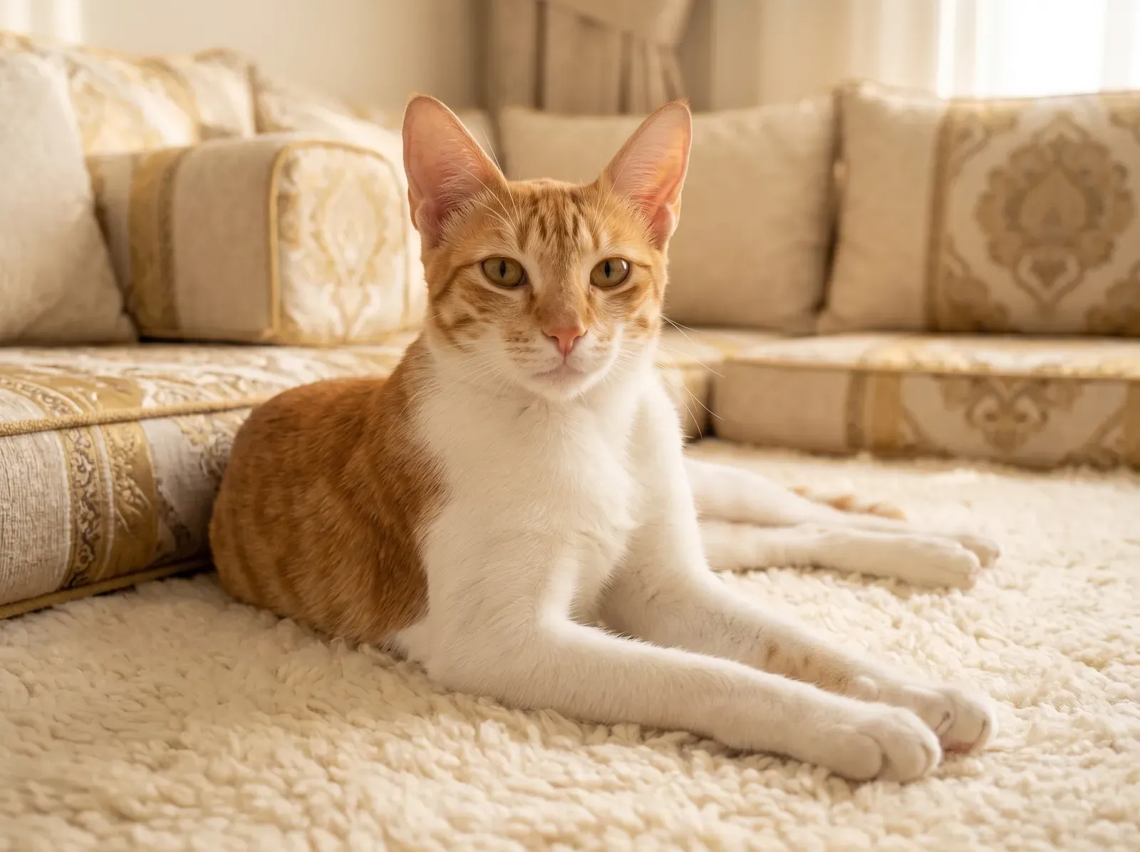 Arabian Mau in Dubai, a red and white adult lying on a cream rug in a majlis