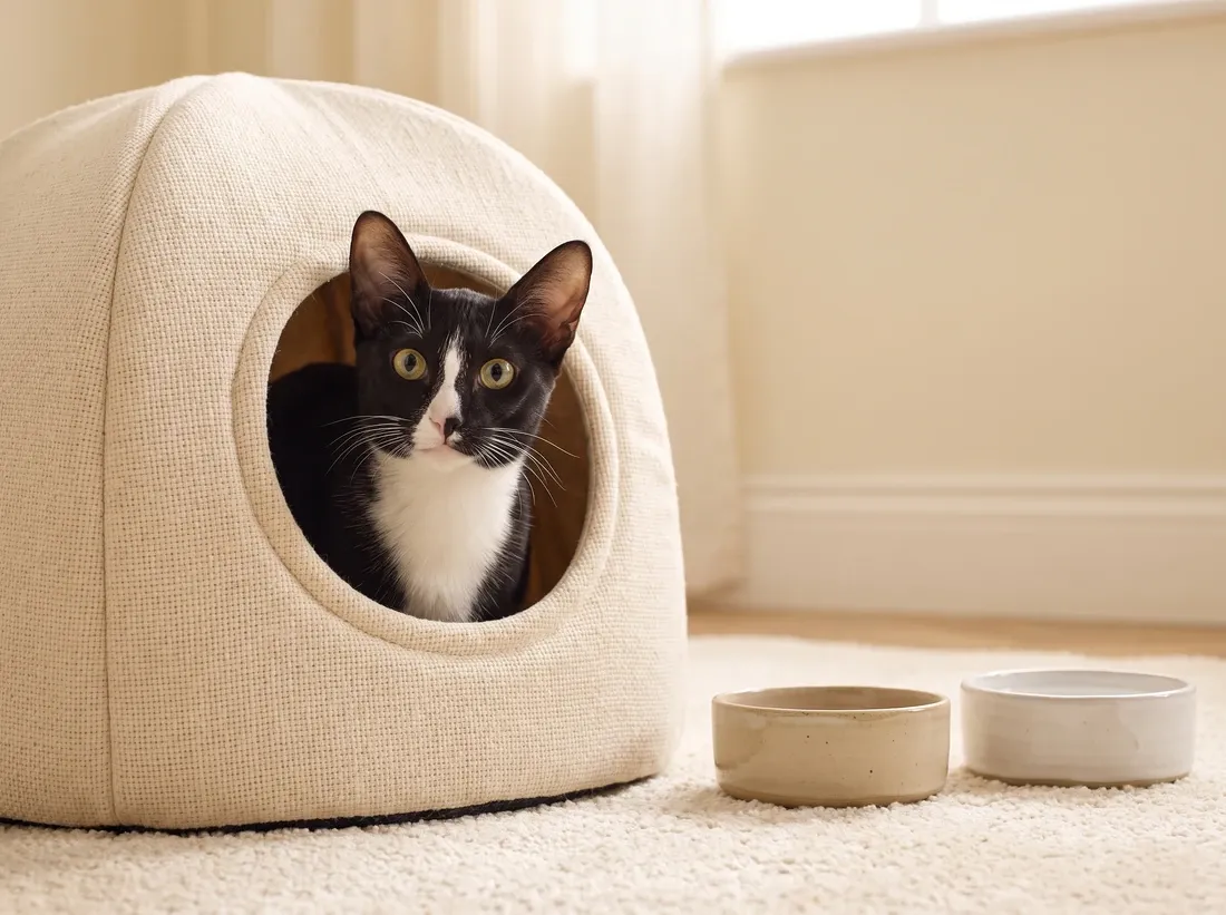 Arabian Mau, a black and white cat peeking out of a covered bed beside food and water bowls