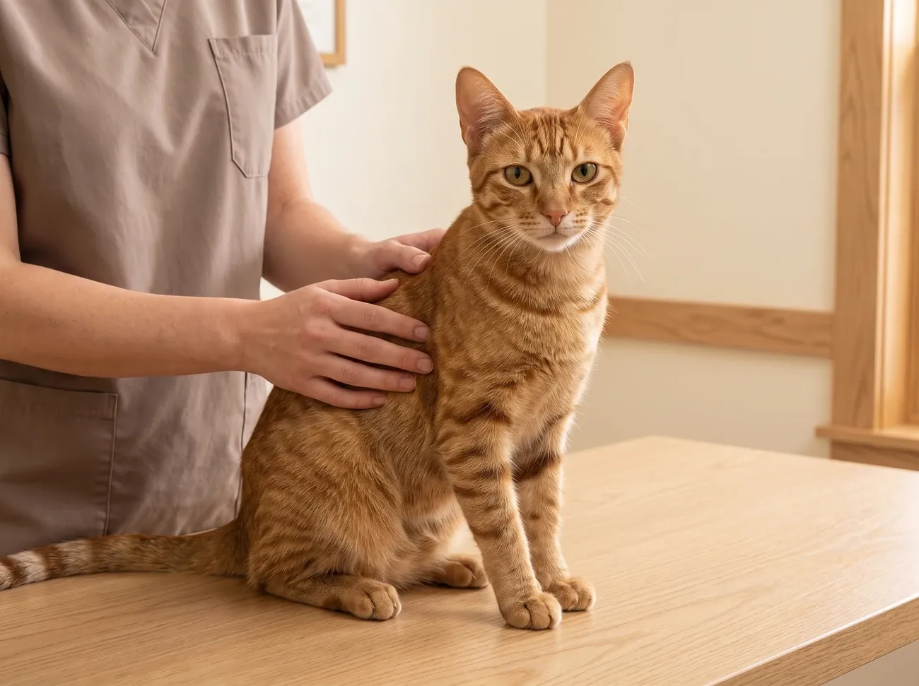 Arabian Mau, a red tabby sitting calmly on a consultation table, steadied by a vet's hands