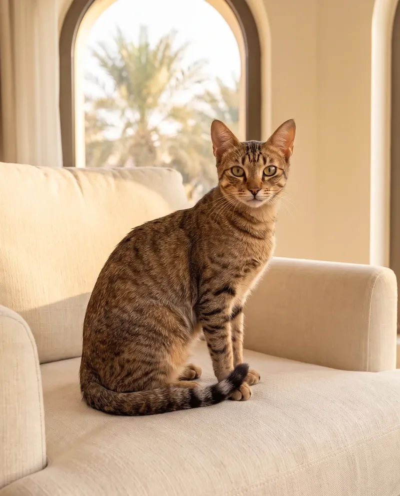Arabian Mau in Dubai, a brown tabby sitting on a cream armchair, palms through an arched window