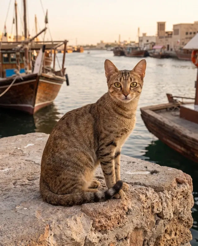 Arabian Mau in Dubai, a brown tabby sitting on a stone quay by wooden dhows on the creek