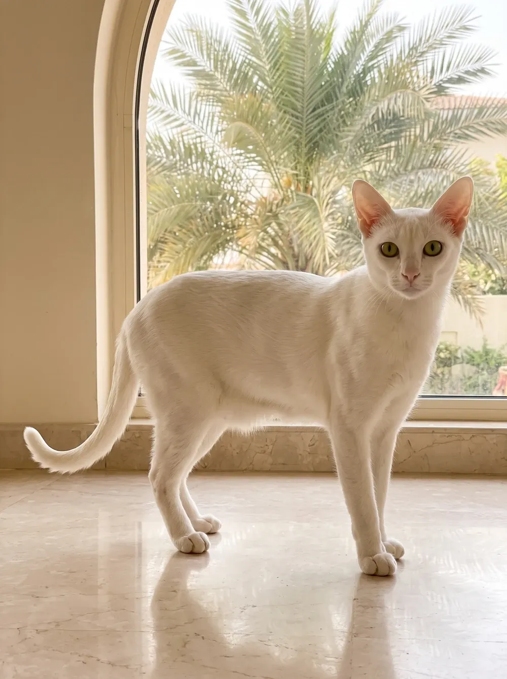 Arabian Mau in Dubai, a lean white adult standing on a marble floor by an arched window with palms