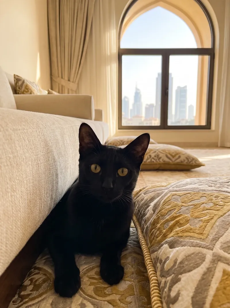 Arabian Mau in Dubai, a black adult lying beside a sofa in a majlis, the skyline through an arched window