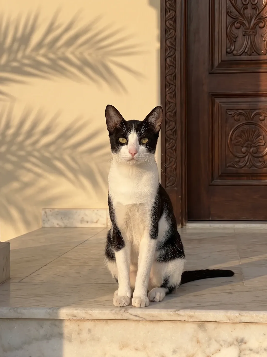 Arabian Mau in Dubai, a black and white adult sitting on a villa doorstep beside palm shadows