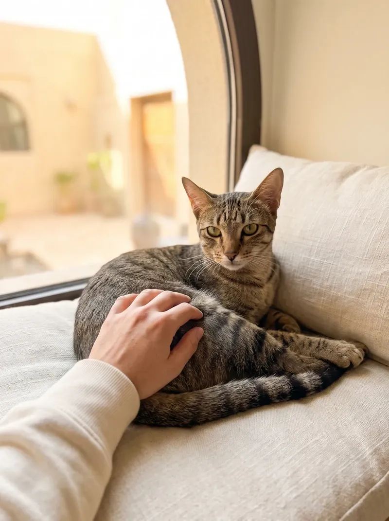 Arabian Mau, a grey tabby lying on a cushion as a hand rests on the coat near the tail