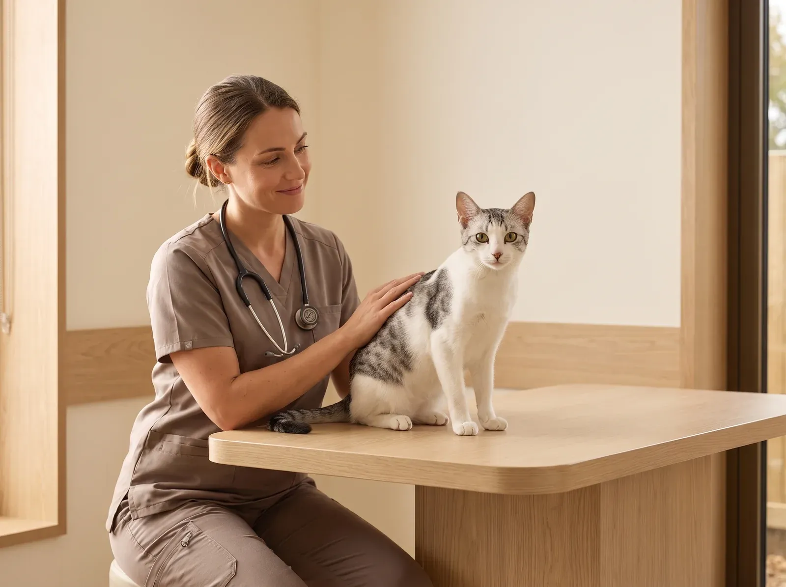 Arabian Mau, a white and grey tabby cat on a table beside a vet in taupe scrubs, a hand on the cat's back