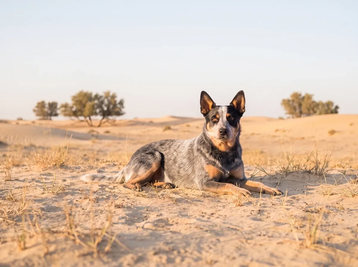 Australian Cattle Dog in Dubai, a blue heeler with tan points lying on desert sand, ghaf trees behind