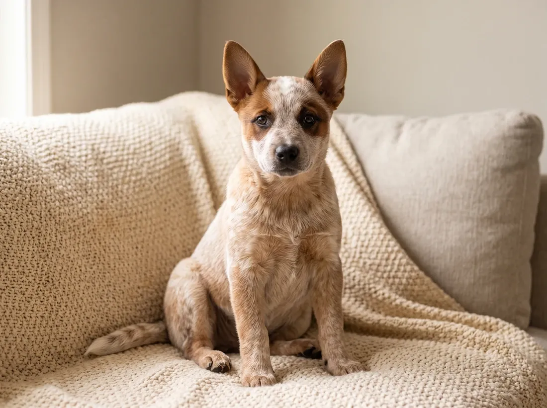 Australian Cattle Dog, a red heeler puppy sitting on a cream blanket on the sofa
