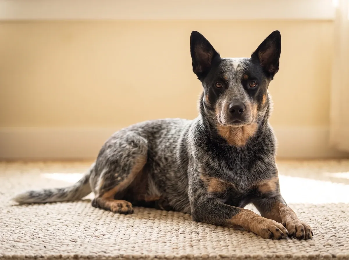 Australian Cattle Dog, a blue heeler with tan markings lying on a stone-coloured rug