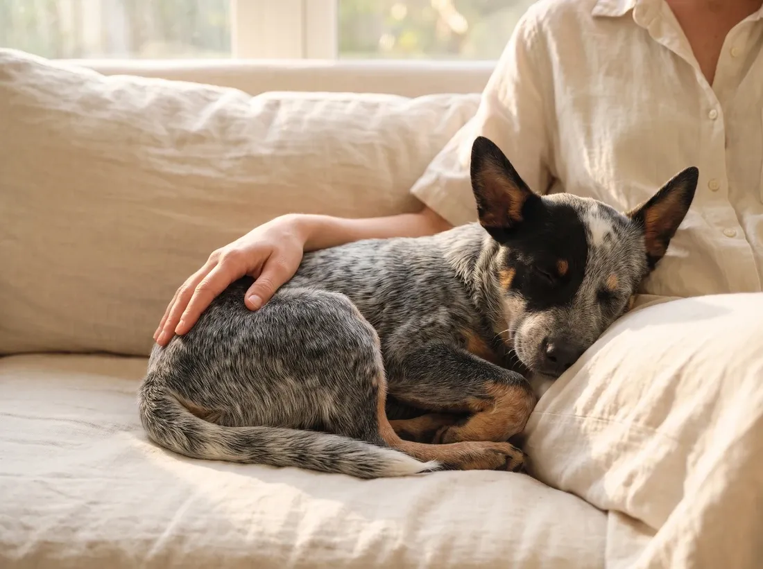 Australian Cattle Dog, a young blue heeler asleep against a pet parent on a linen sofa