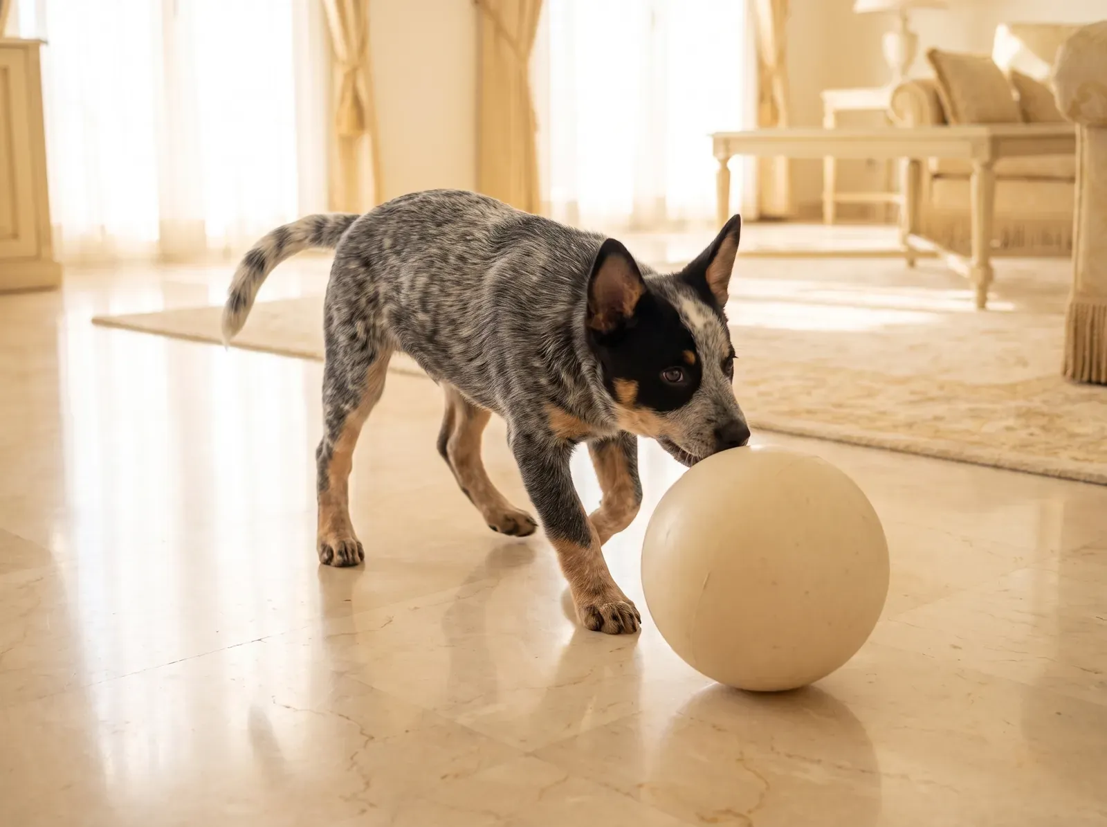 Australian Cattle Dog, a blue heeler puppy nosing a large cream herding ball across a marble floor