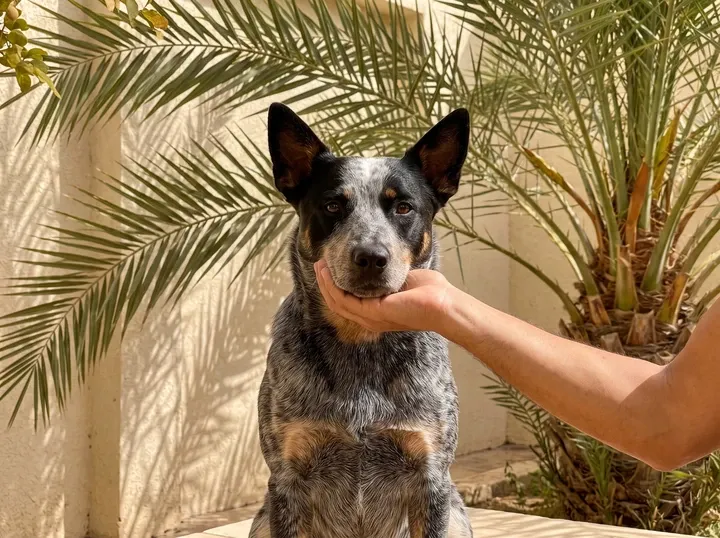 Australian Cattle Dog in Dubai, a blue heeler in a villa garden, a pet parent's hand under the chin