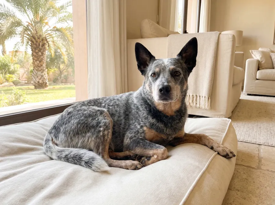 Australian Cattle Dog in Dubai, an older blue heeler with a whitening muzzle on a cream bed, a date palm outside
