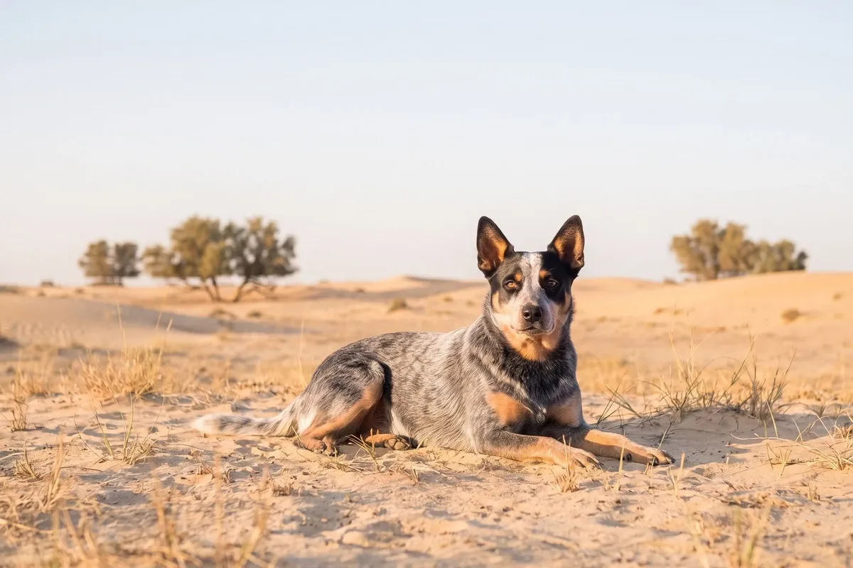 Australian Cattle Dog history, the breed today, a blue heeler lying on desert sand, Dubai, 2026