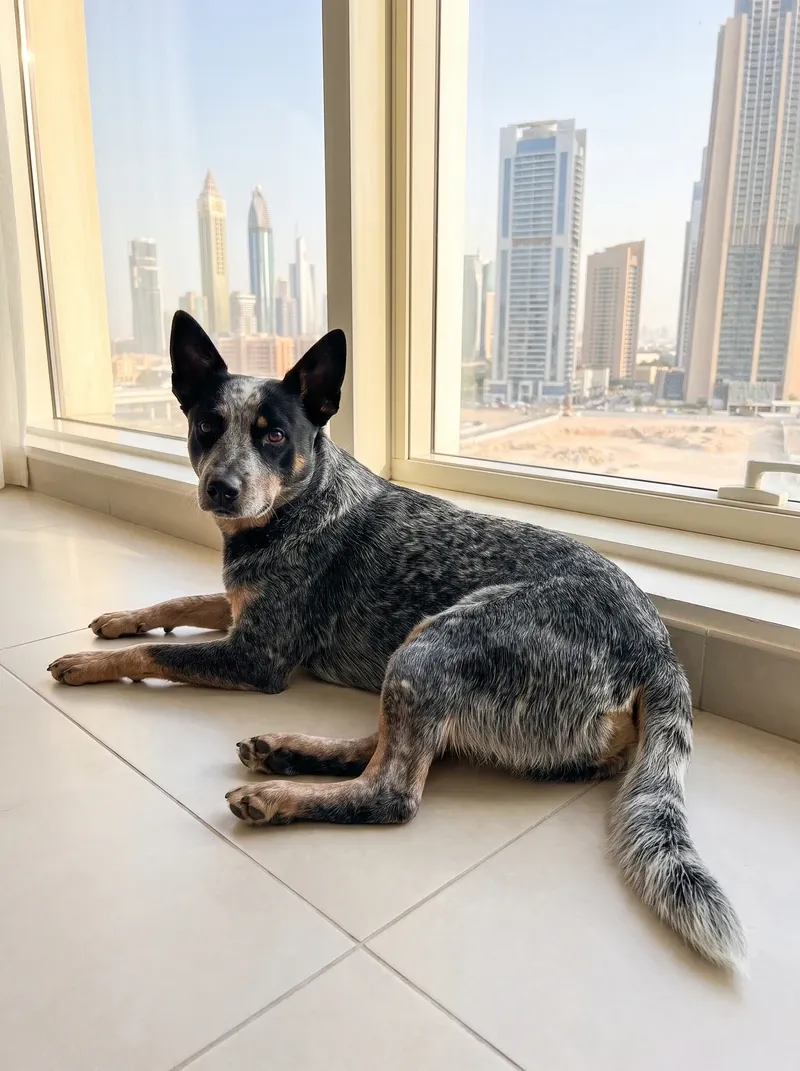 Australian Cattle Dog in Dubai, the same blue mottled dog lying on cool tiles by a window, towers beyond