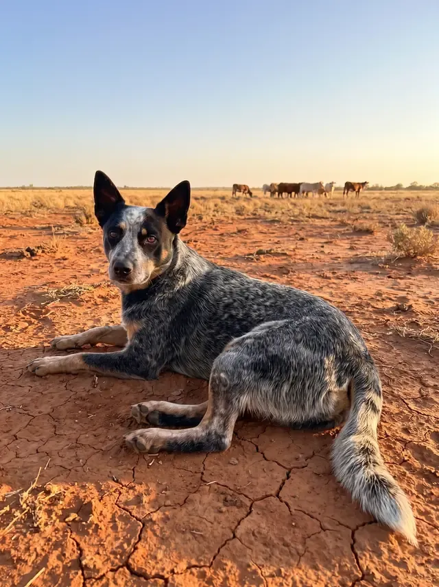 Australian Cattle Dog, a blue mottled adult lying on red outback earth, cattle grazing far behind