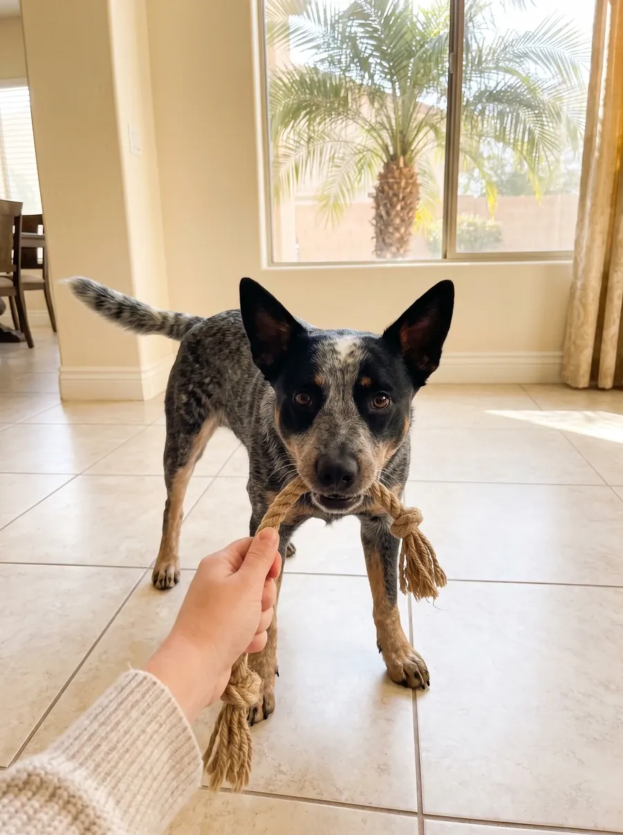 Australian Cattle Dog in Dubai, a young blue heeler tugging a rope toy held low, a date palm outside