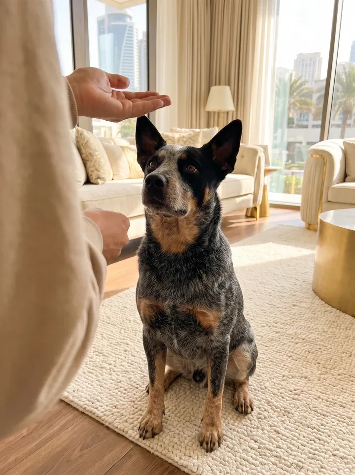 Australian Cattle Dog in Dubai, a blue heeler on a cream rug watching a raised hand, towers outside