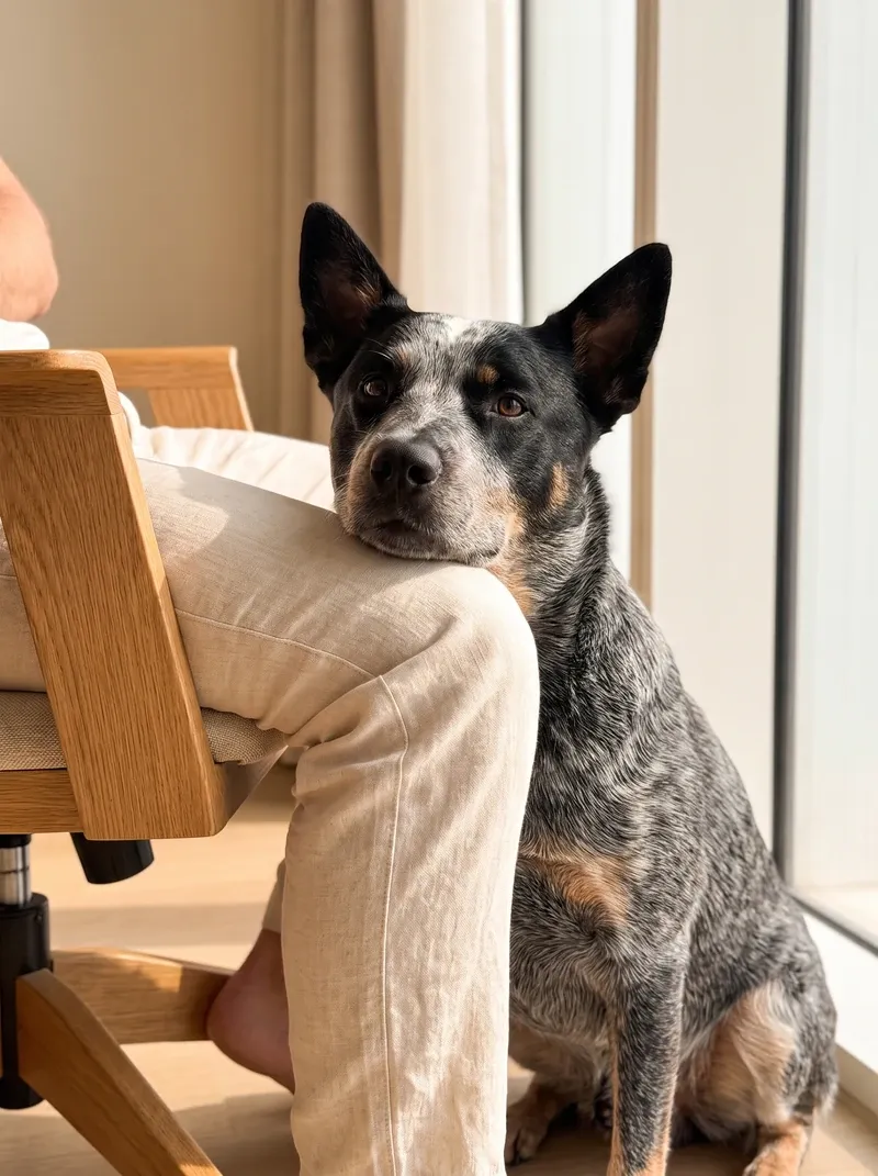 Australian Cattle Dog, a blue heeler resting their chin on a seated pet parent's knee