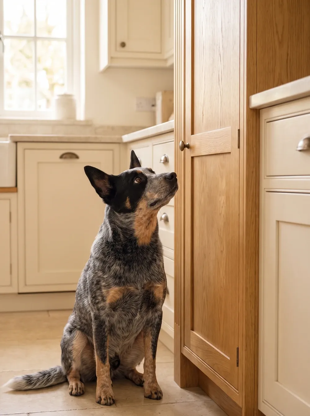 Australian Cattle Dog, a blue heeler sitting by an oak kitchen cupboard, looking up at it