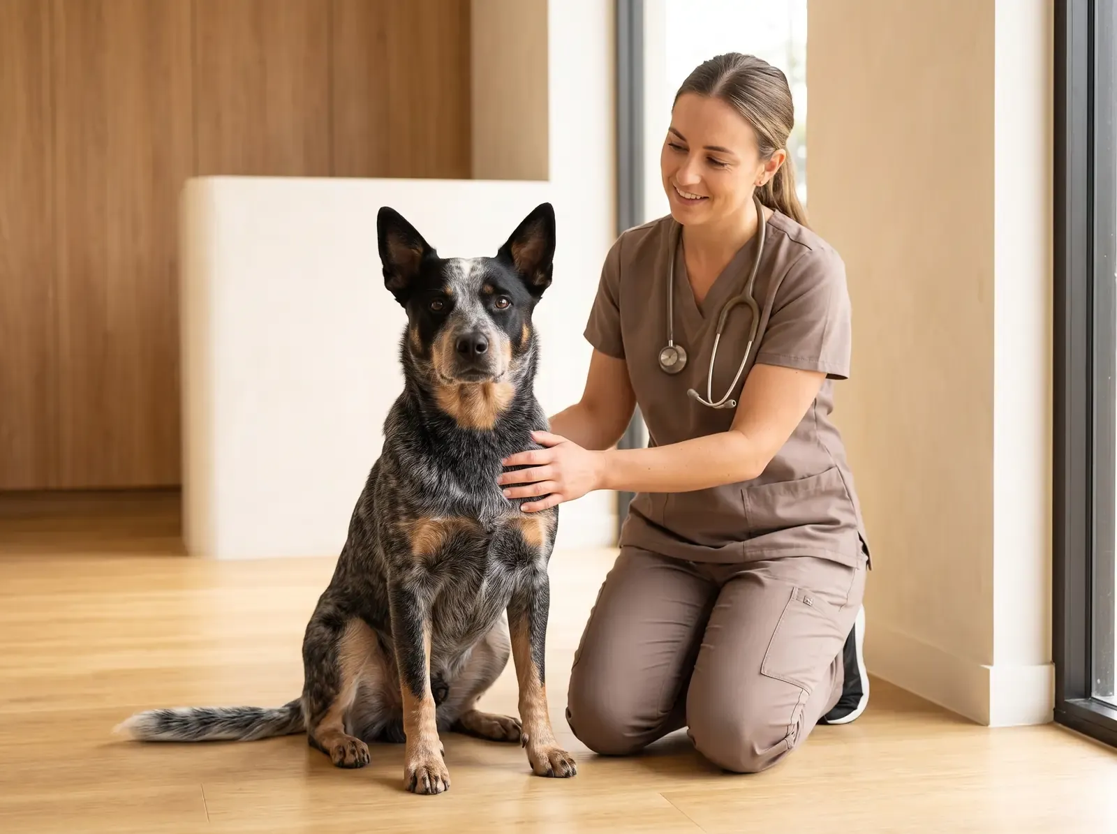 Australian Cattle Dog, a vet in taupe scrubs kneeling with a hand on a calm blue heeler
