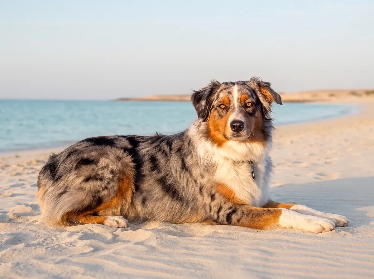 Australian Shepherd, a blue merle tricolour adult lying with head up on a pale beach in morning light