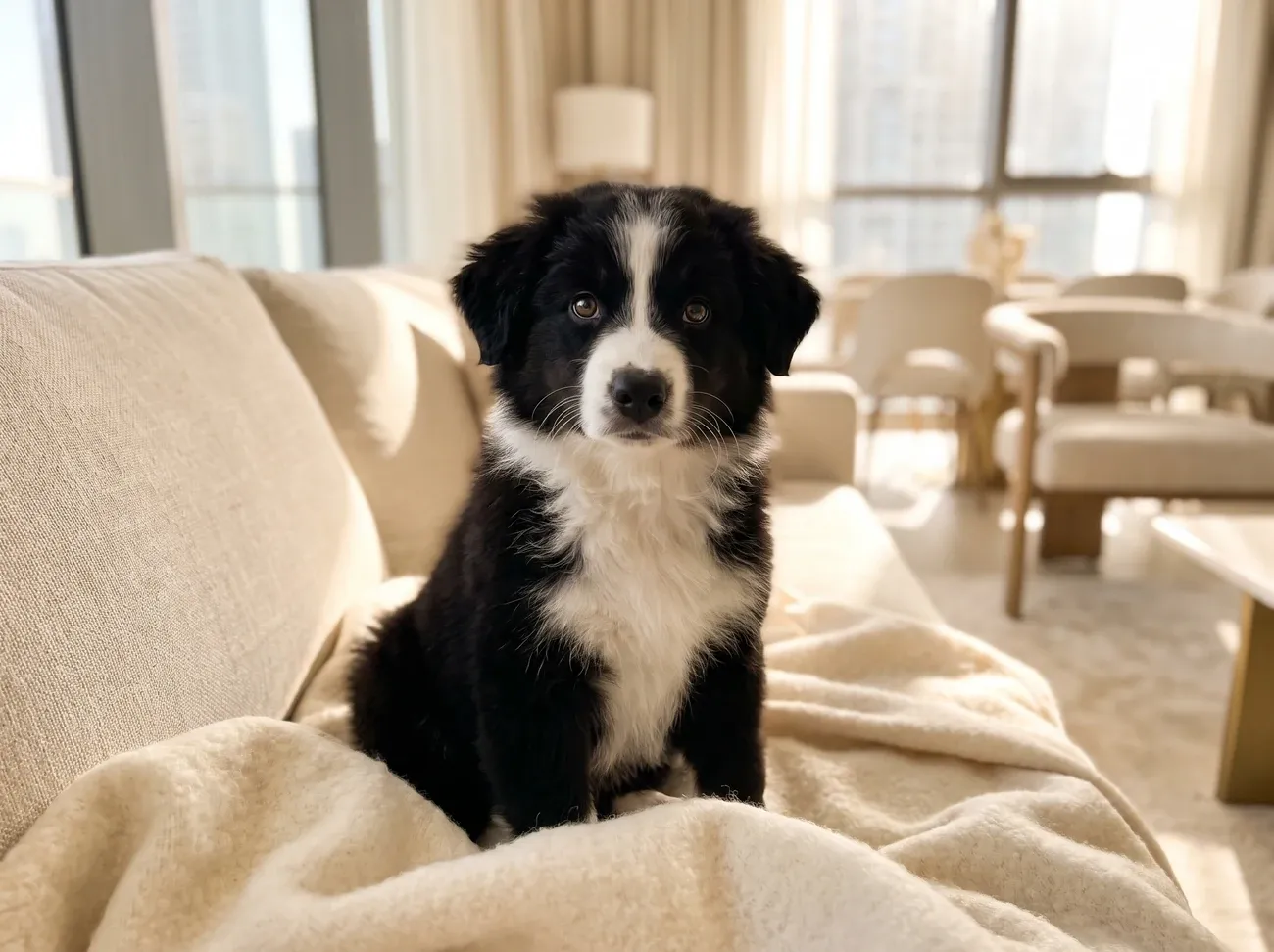 Australian Shepherd, a black and white puppy sitting on a cream blanket on a linen sofa