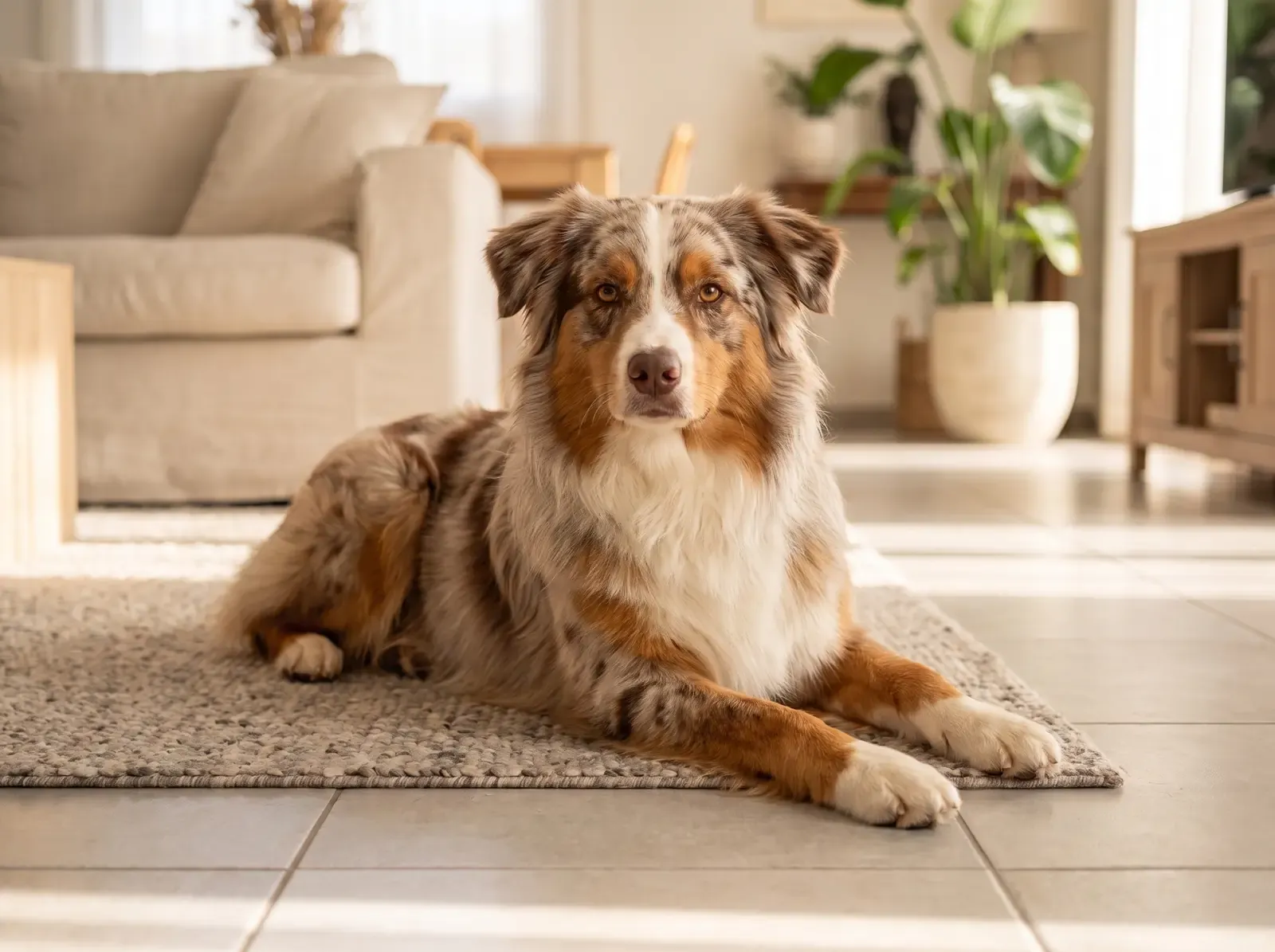 Australian Shepherd, a red merle adult lying on a stone-coloured rug on cool tiles