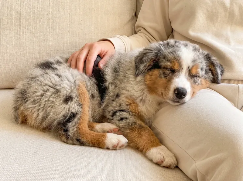 Australian Shepherd, a blue merle puppy asleep against a pet parent's lap on a cream sofa