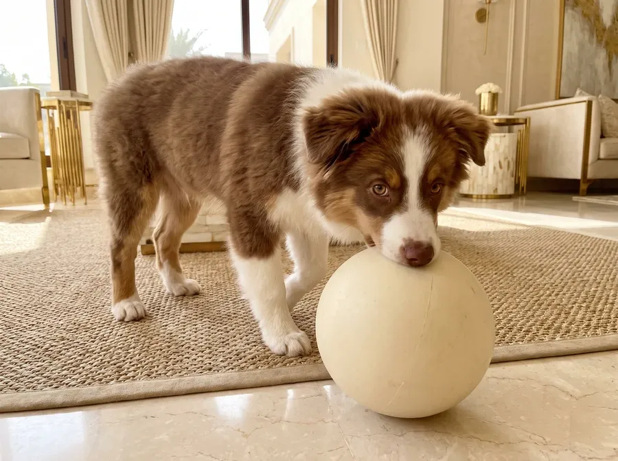 Australian Shepherd, a red and white puppy nosing a large cream herding ball across a rug on marble