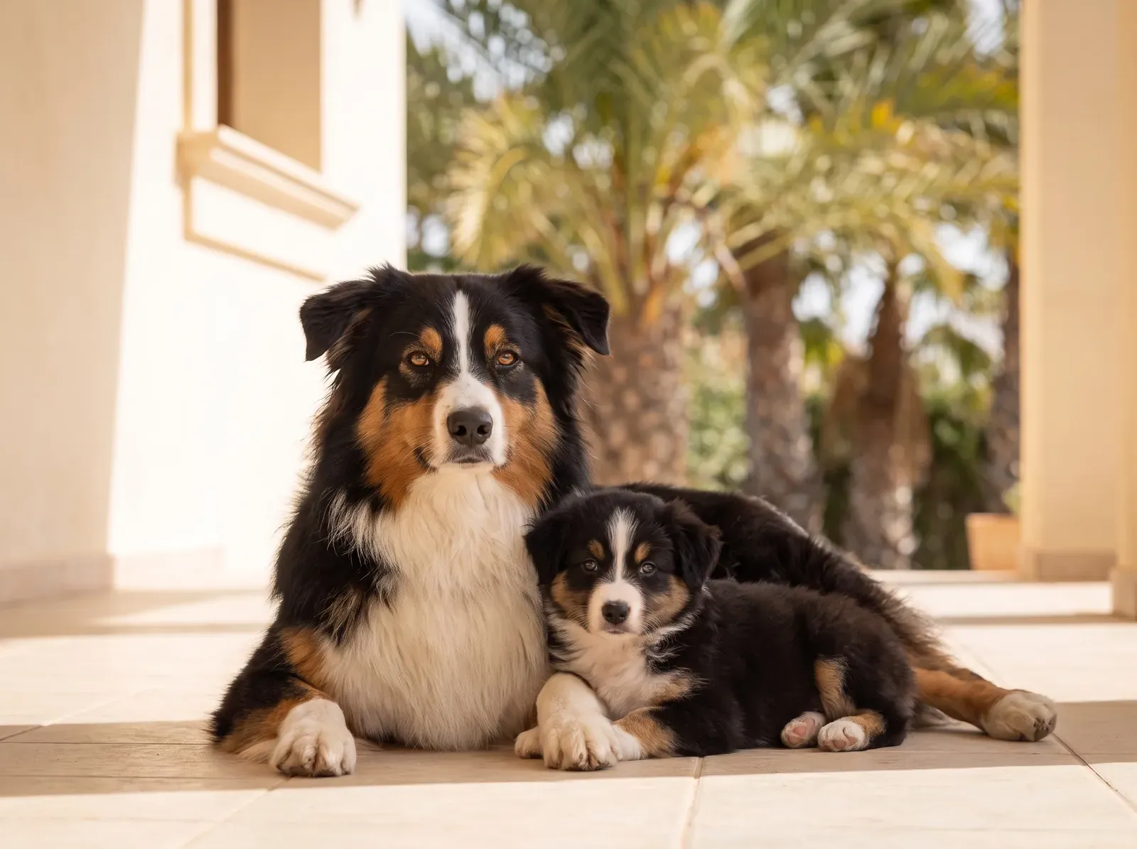 Australian Shepherd in Dubai, a black tricolour mother with one puppy on a shaded villa terrace under date palms