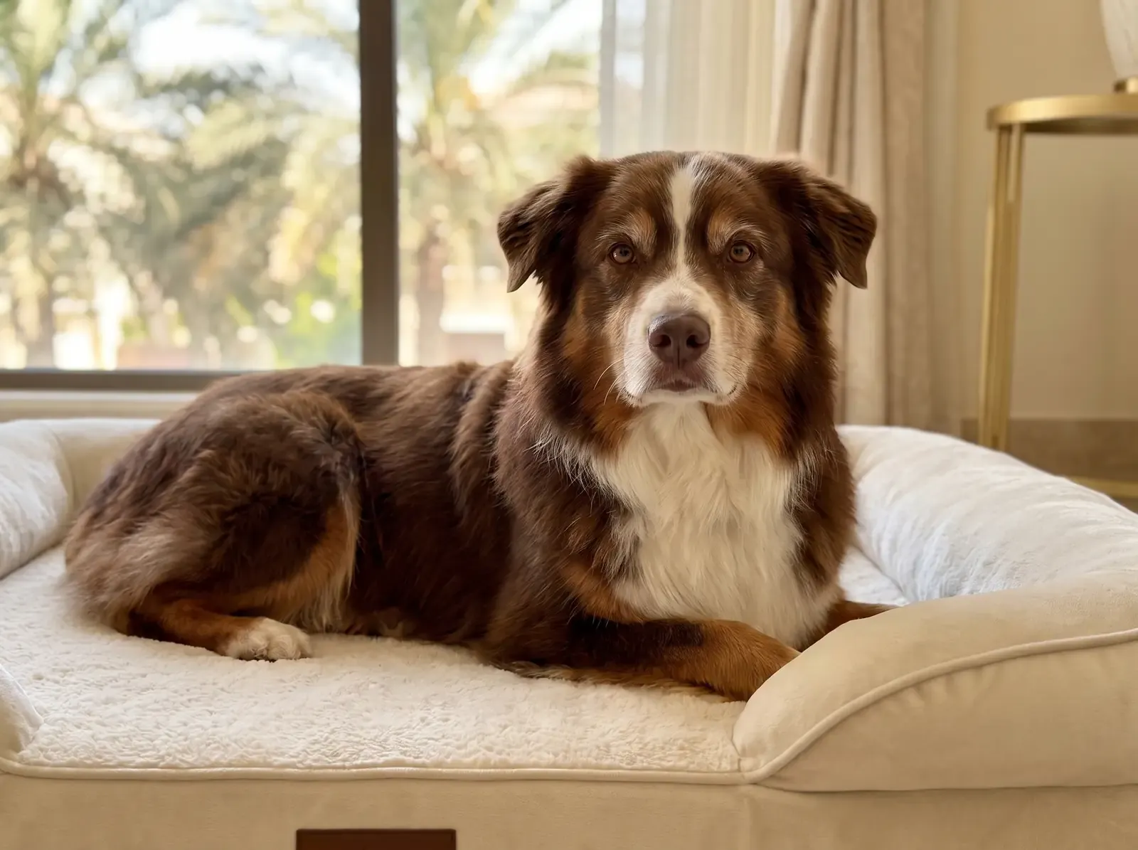 Australian Shepherd in Dubai, an older red tricolour dog with a greying muzzle on a padded bed by a window onto palms