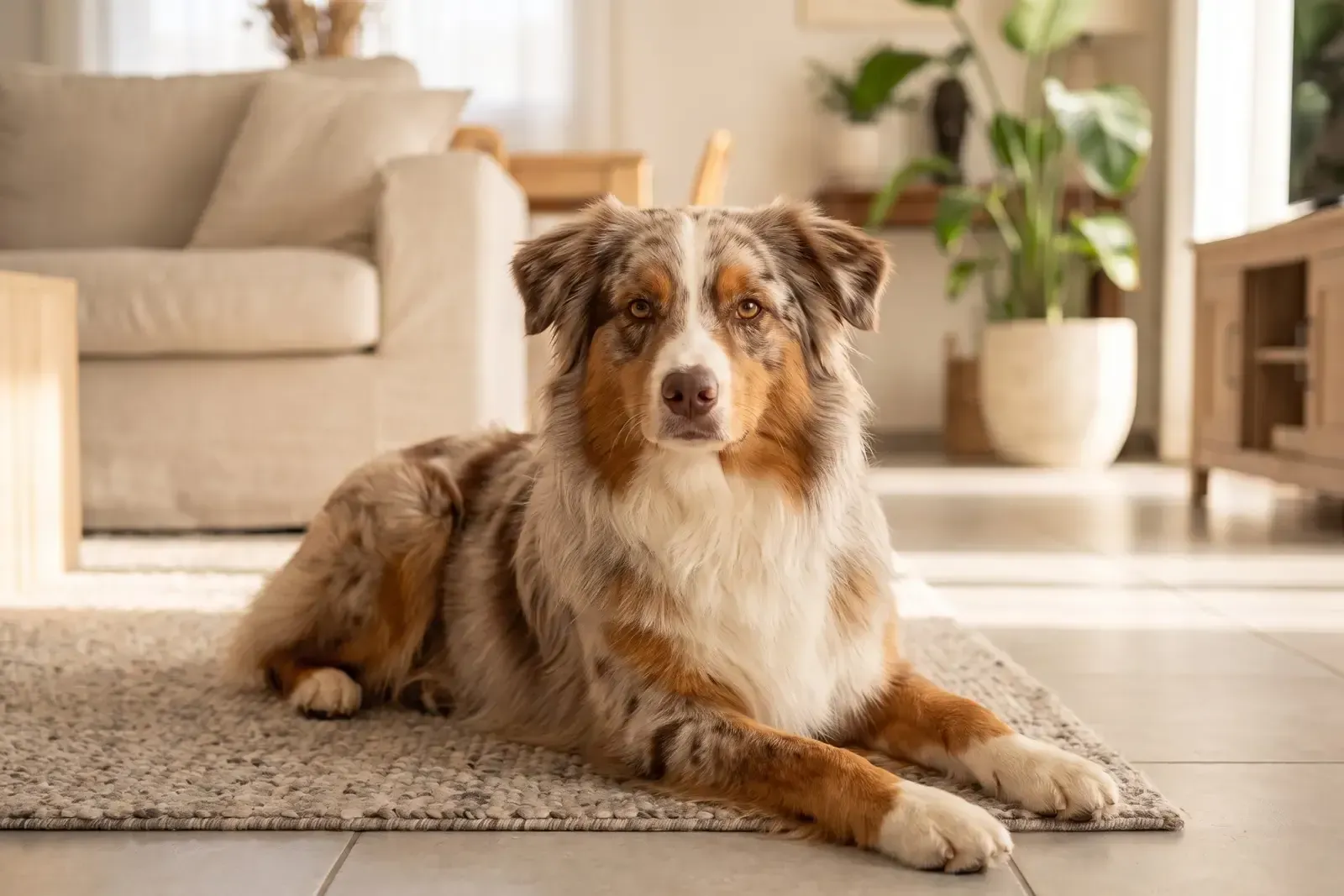 Australian Shepherd history, a red merle adult lying on a stone-coloured rug on cool tiles