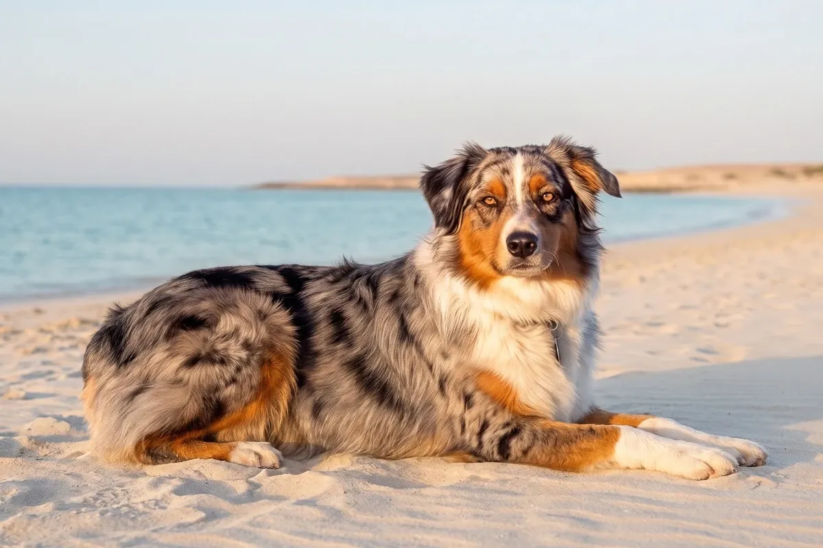 Australian Shepherd history, the breed today, a blue merle tricolour adult lying on a beach, Dubai, 2026