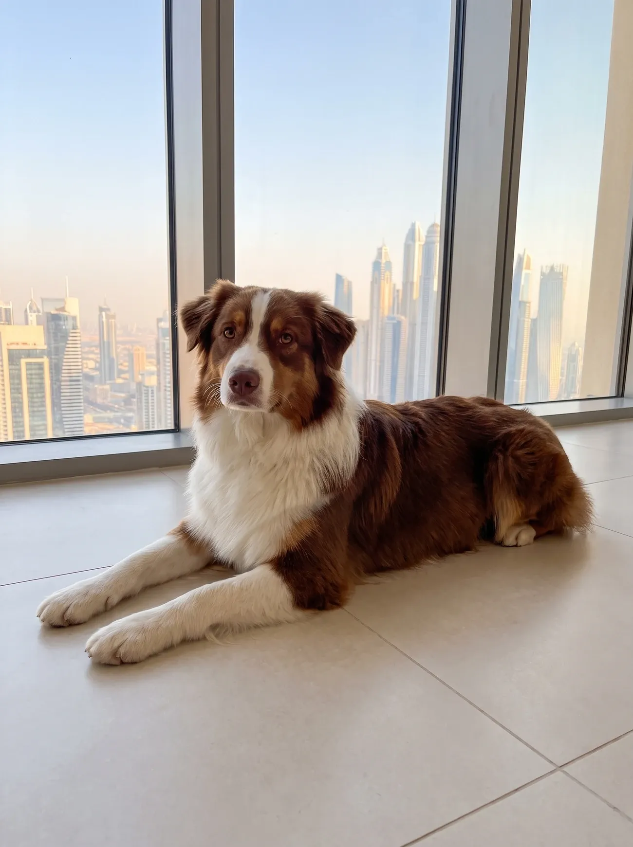 Australian Shepherd in Dubai, the same red and white adult lying on cool tiles with the skyline behind