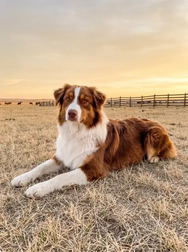 Australian Shepherd, a red and white adult lying on dry grass on an open ranch, a rail fence and cattle behind